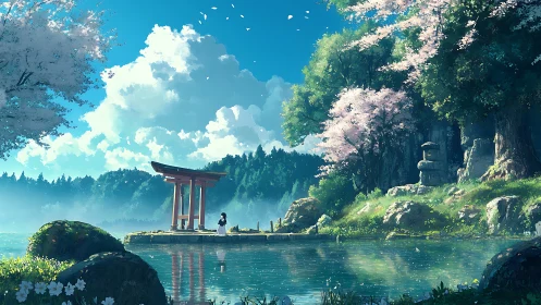 Torii gate stands over reflective lake under dense spring foliage