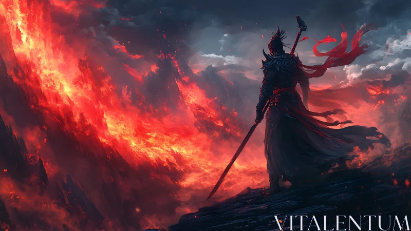 Armored warrior overlooks apocalyptic lava stormscape.
