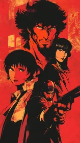 Neo-noir quartet under high-contrast red vector chiaroscuro.