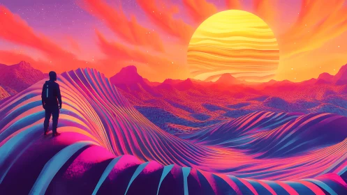 Solitary figure studies neon dunes under oversized striped sun