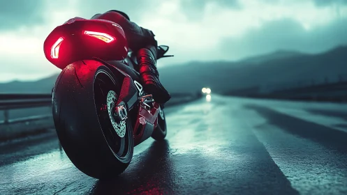 High-performance superbike accelerates on rain-soaked highway