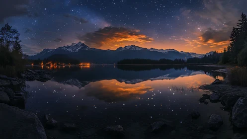 Nocturnal alpine lake reflects starfield and incendiary clouds
