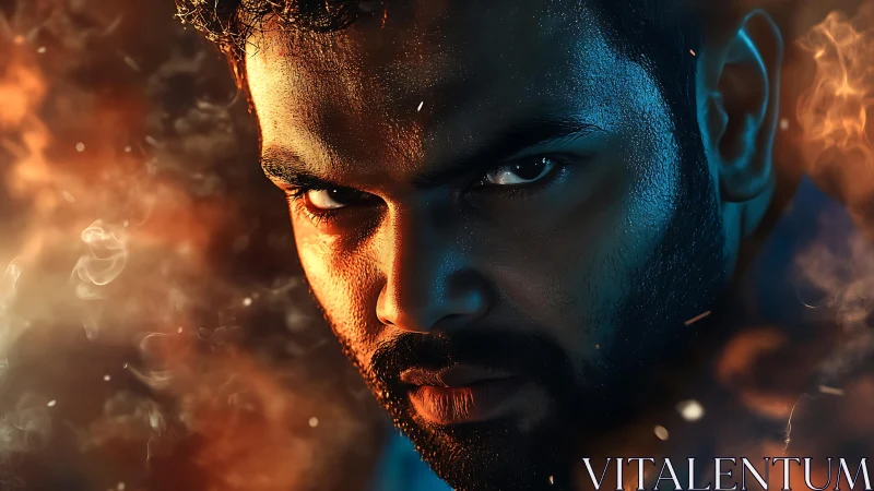Intense male portrait with dramatic fire and blue light.