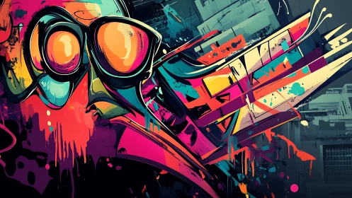 Urban abstract graffiti with stylized face and geometric forms.