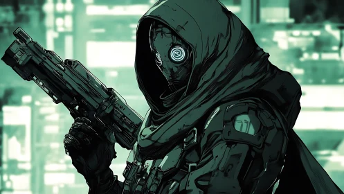 Cloaked cybernetic sniper in teal urban glowscape.