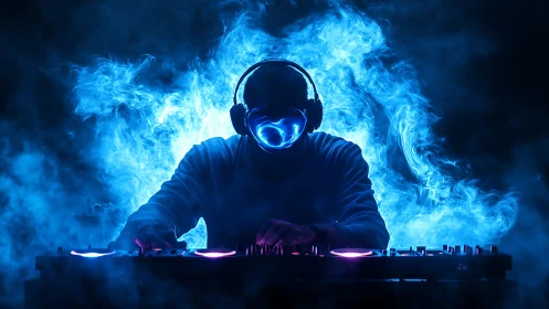 DJ in headphones performs at mixer amid blue smoke glow