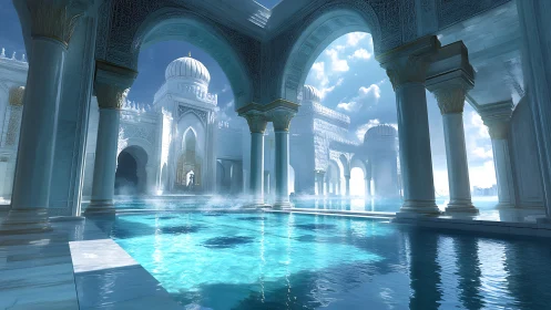 Sunlit sapphire baths beneath celestial marble arches.
