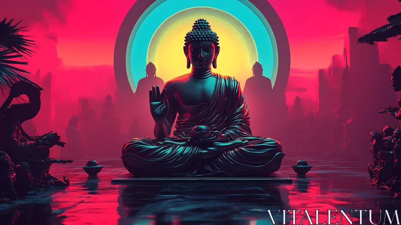 Neon-lit Buddha statue in synthwave temple with radiant halos