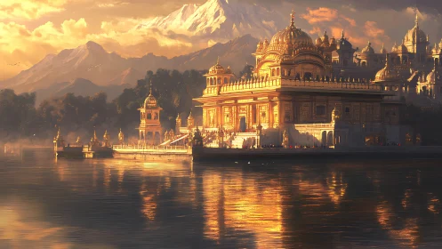 Sunlit golden palace drifting in misty mountain reflections.