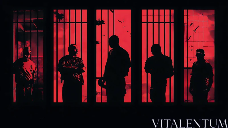 Silhouetted prisoners behind red backlit prison bars.