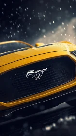 Rain-soaked yellow Mustang grille quietly hunts the horizon