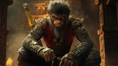 Armored monkey warrior crouches in a molten temple throne