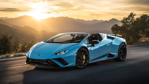 Lamborghini Huracán Spyder in vivid blue at golden sunset.