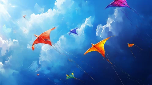 Soaring kites in luminous painterly summer skyscape.
