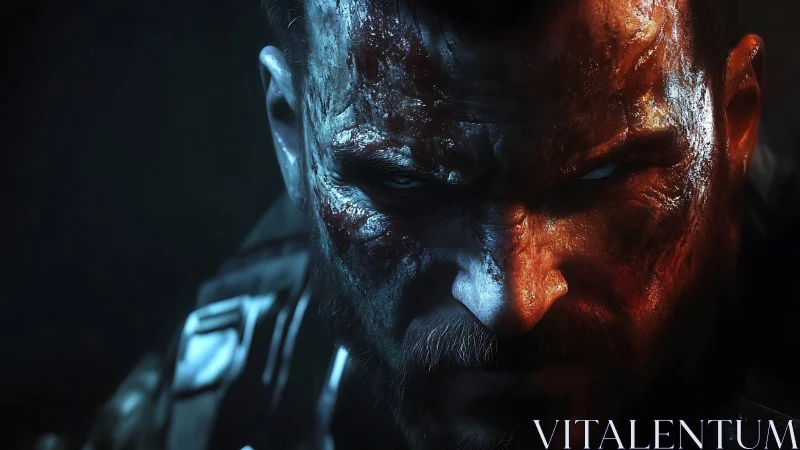 Battle-worn soldier portrait in intense split lighting.