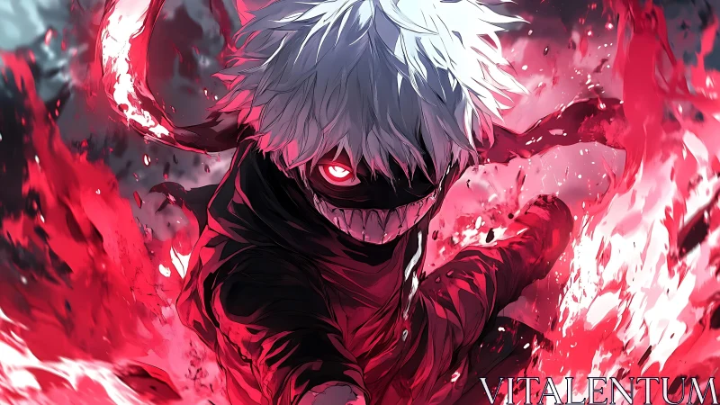 Crimson chaos whirls while the masked ghoul grins upward