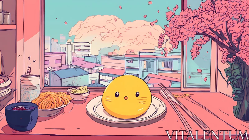 Kawaii egg bun rests before pastel city window view.
