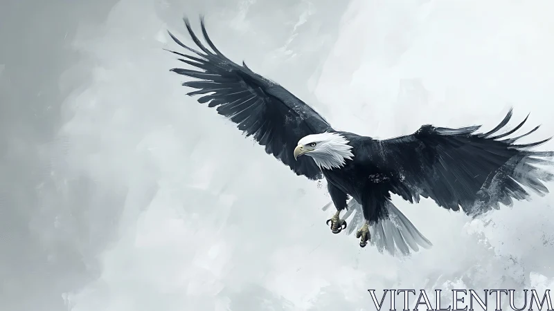 Majestic Bald Eagle in Flight, Digital Painting on Cloudy Sky.
