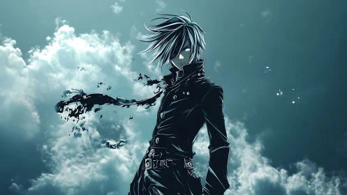 Stormlit anime antihero in black coat dissolving into ravens