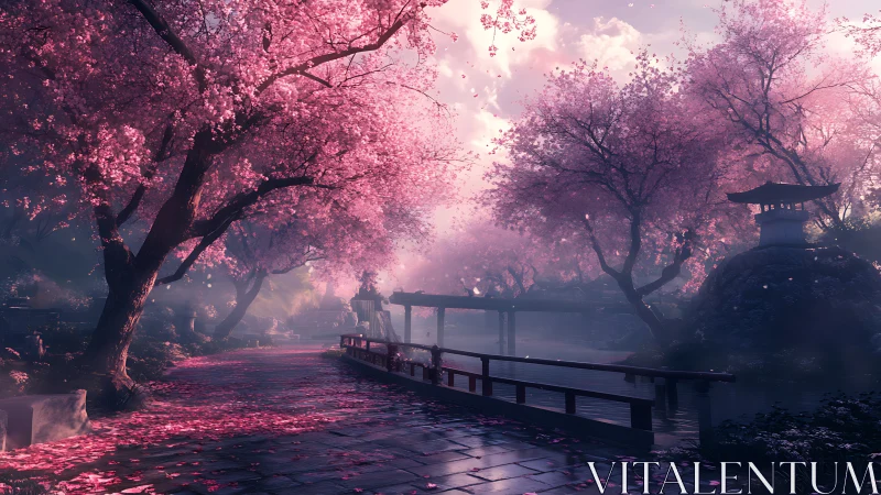 Cherry blossom canal path with volumetric light and soft haze depth