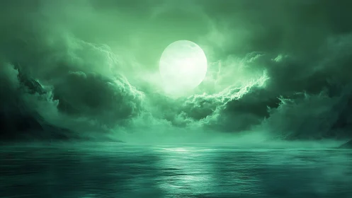 Emerald moonrise over fog-laden oceanic horizon under stormclouds.