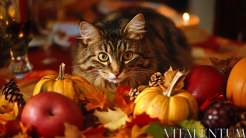 Tabby cat positioned among autumn harvest decorations and leaves.