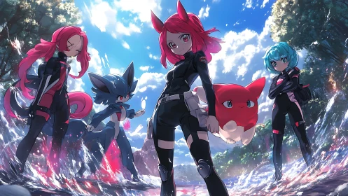 Sky-slashed anime squad strides through splashing light storm.