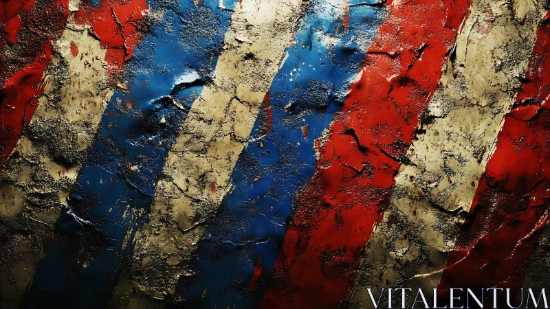 Weathered red, blue, and cream stripes evoke rugged decay.