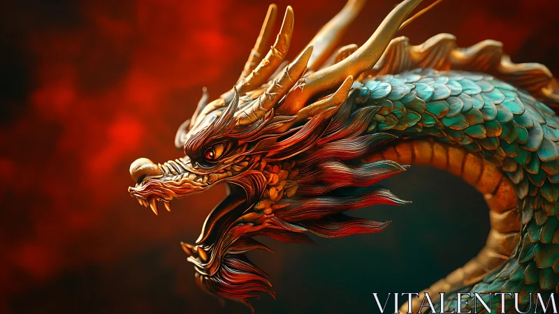 Emerald-scaled dragon head with molten red mane and horns.
