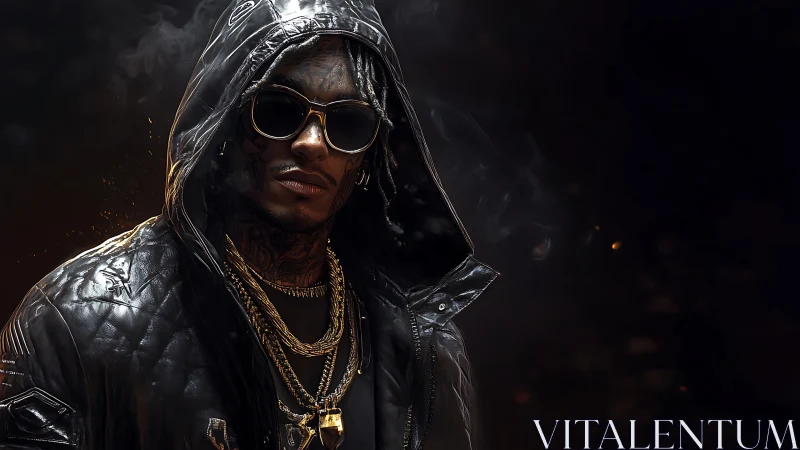 Hooded street icon in reflective jacket with layered chains.