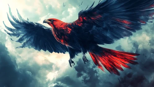 Majestic red and black eagle soaring in dramatic digital art.