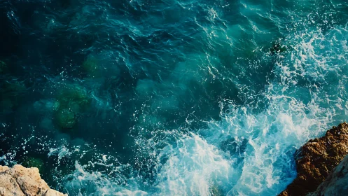 Waves crash against rocky shoreline in bright daylight