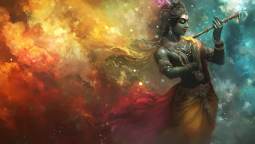 Divine figure playing flute amid swirling cosmic colors.