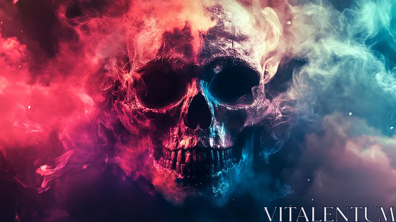 Human skull rendered in neon smoke with high contrast lighting