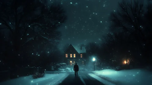 Solitary figure on snow-covered road facing illuminated house.