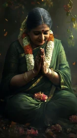 Elderly woman in green sari praying with flower garlands.