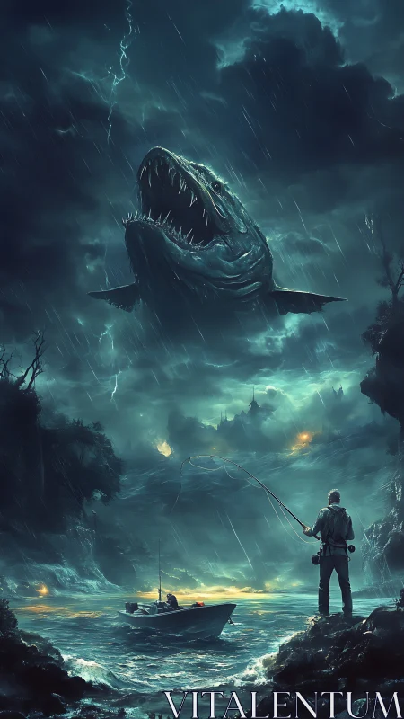 Stormlit fisherman confronts colossal shark above sea gorge.