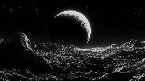 Crescent sentinel above a frozen lunar wasteland horizon.