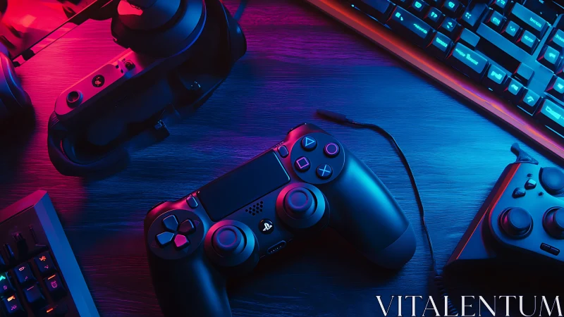DualShock controller under neon RGB gaming studio lighting.