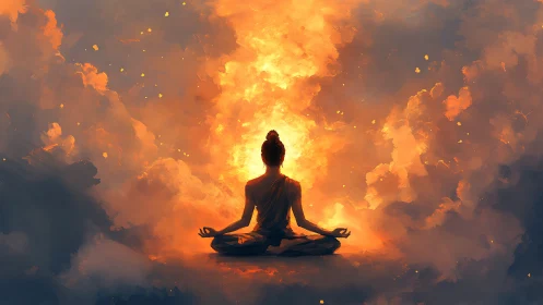 Meditating figure glows calmly before a storm of sacred fire