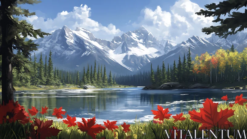 Snowy mountain lake with evergreen forest and red flowers.
