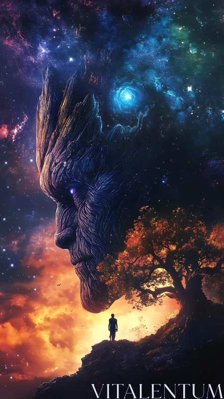 Cosmic nebula face aligns with lone figure and illuminated tree