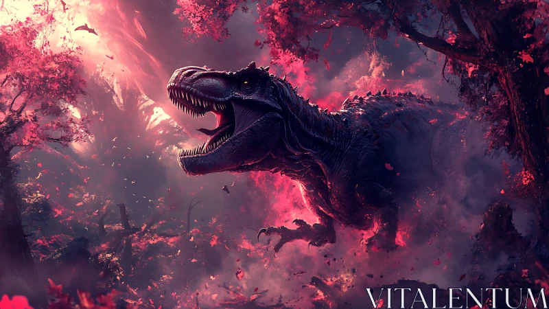 Roaring tyrannosaur storms through a blazing neon jungle