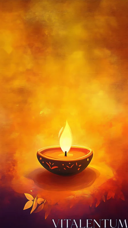 Single decorative oil lamp with bright flame on warm backdrop.