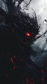 Shadow wraith erupts from storm with burning red gaze.