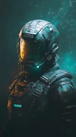 Armored space operative in teal and amber volumetric haze.