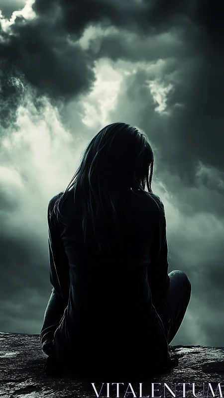 Storm-lit silhouette of lone seated figure in contemplation.