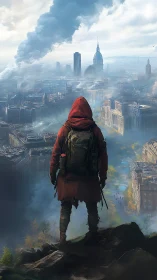 Solitary wanderer surveys smog-veiled post-apocalyptic metropolis