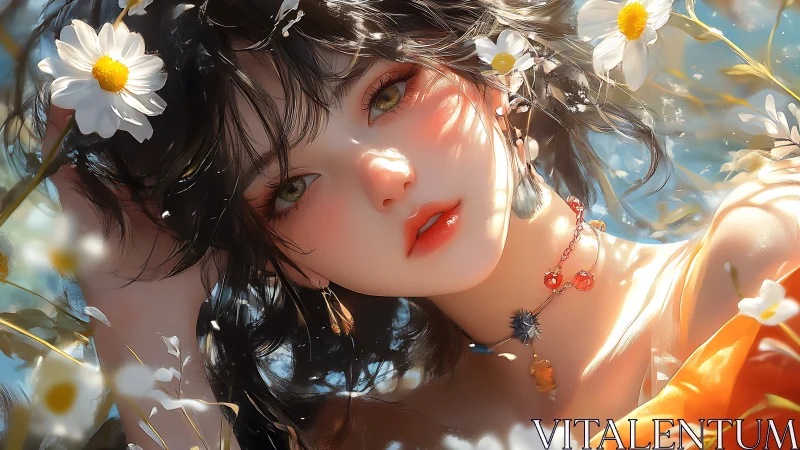 Sunlit floral portrait with luminous anime-inspired gaze.