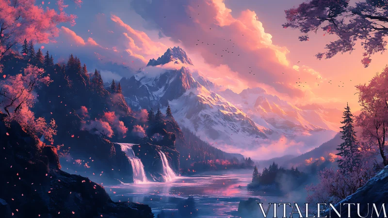 Mountain river landscape with waterfalls at sunset light.